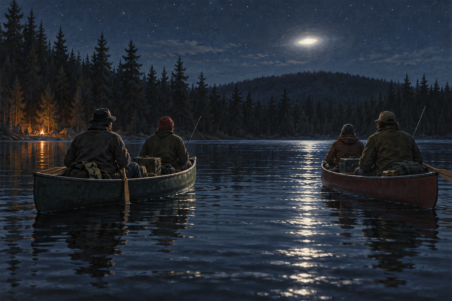 Interpretive reconstruction of night fishing and a reported light at Eagle Lake. It is not a historical photograph or evidence of an object.
