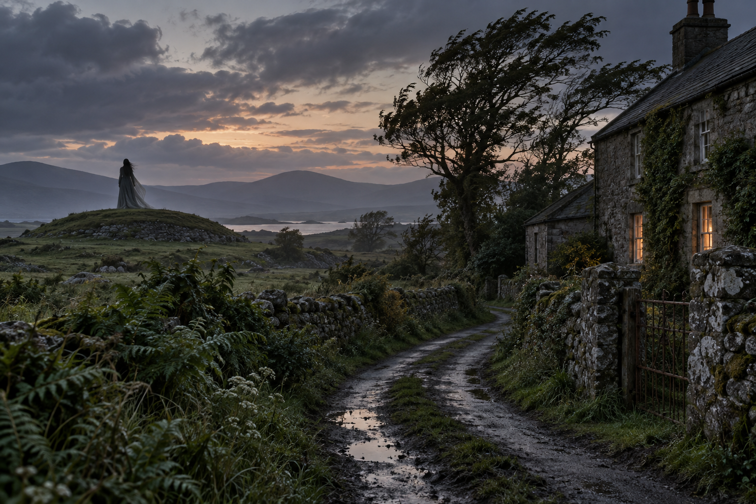 Generated Irish landscape with a symbolic distant figure; not a sighting record.