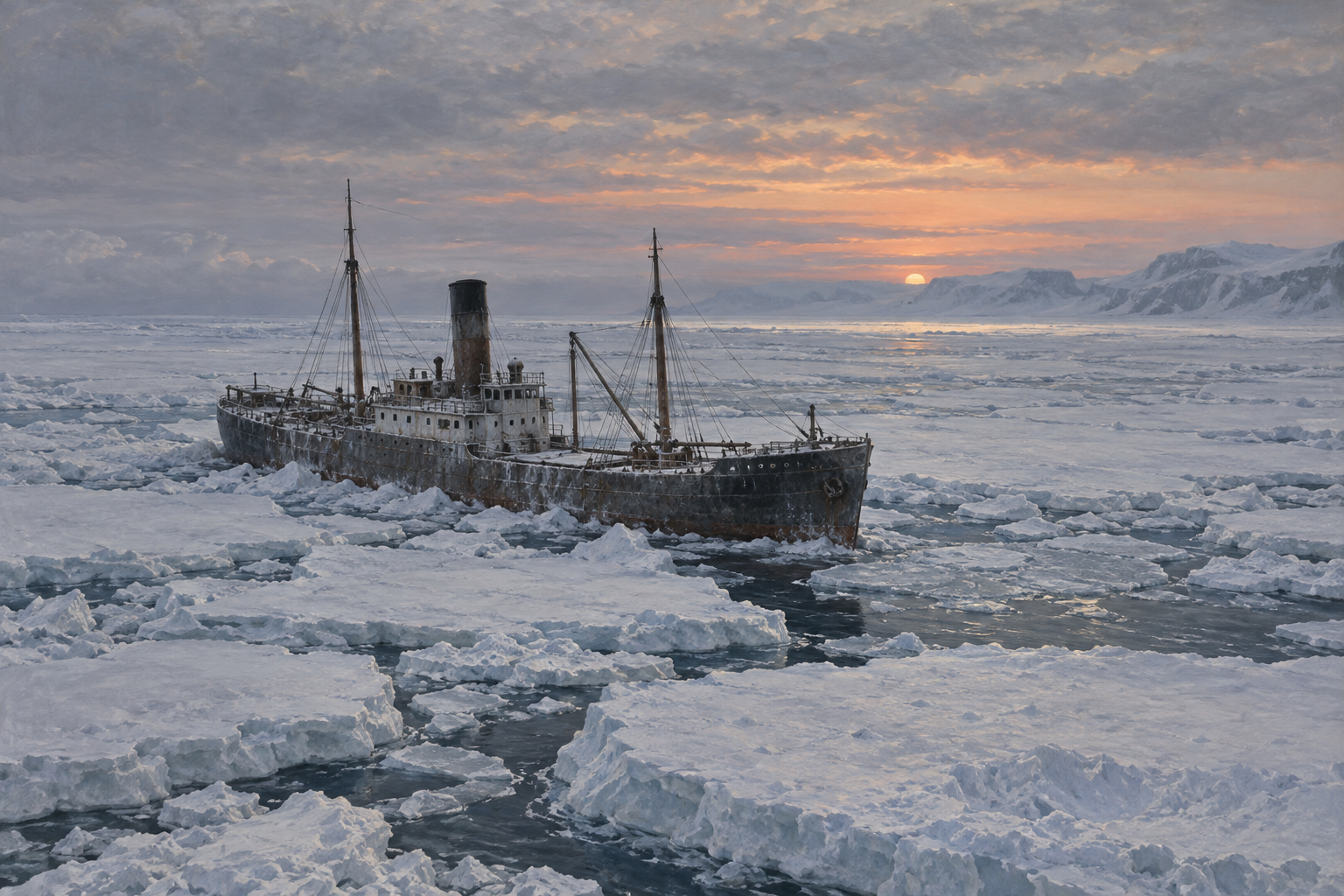 Interpretive reconstruction of Baychimo drifting among Arctic ice. It is not a photograph of a documented sighting or an exact hull-state reconstruction.