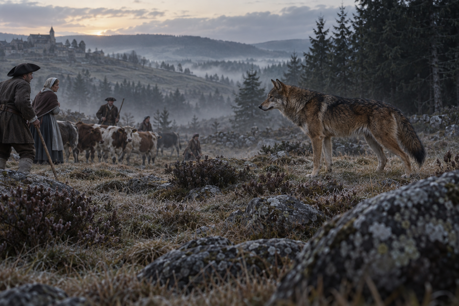 Interpretive editorial reconstruction of a large wolf-like canid in the Gévaudan landscape. It is not a portrait of a verified individual animal or an attack scene.