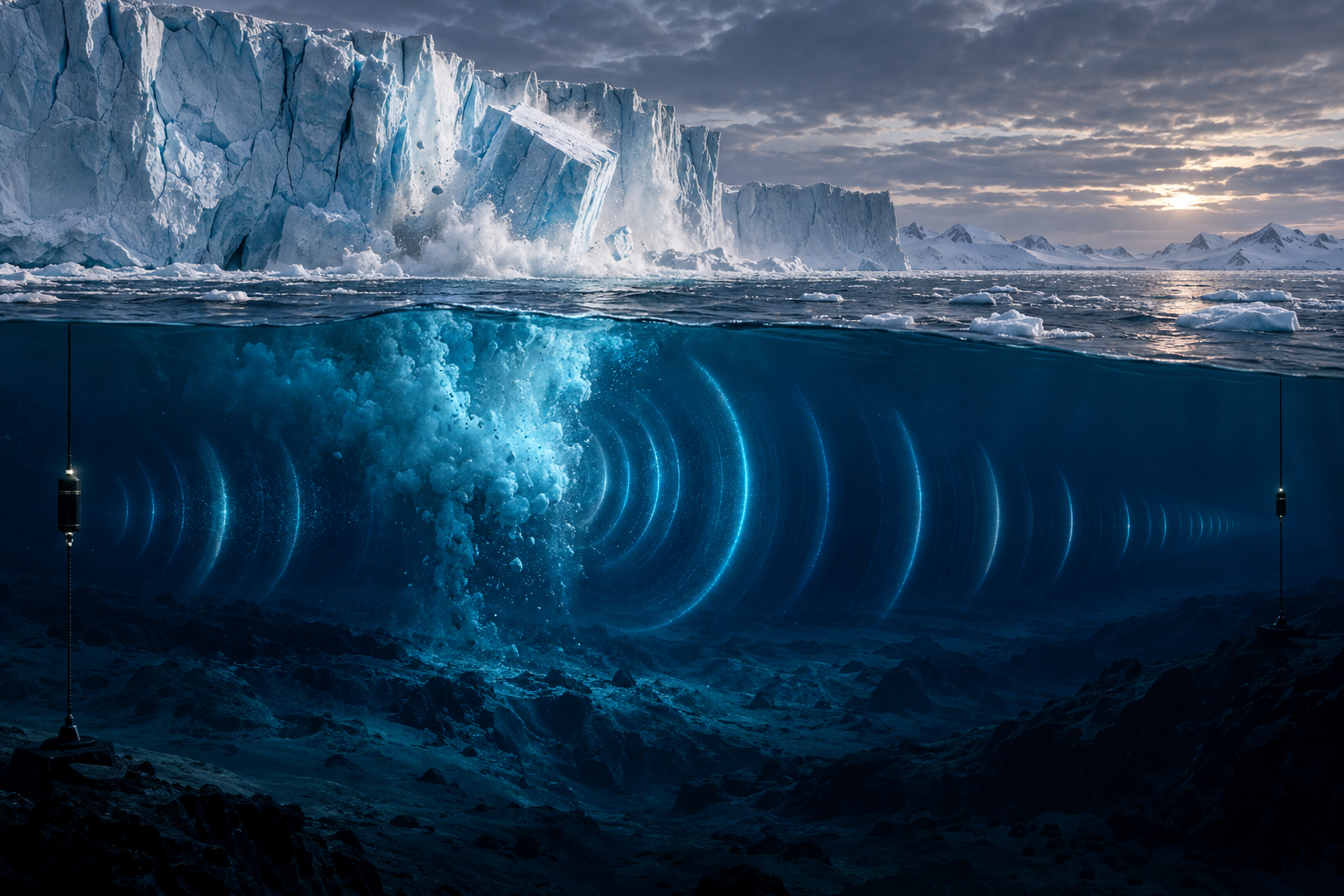 Generated scientific visualisation of a calving ice event sending sound through the ocean. It is not a photograph or measured ray trace of the 1997 source.