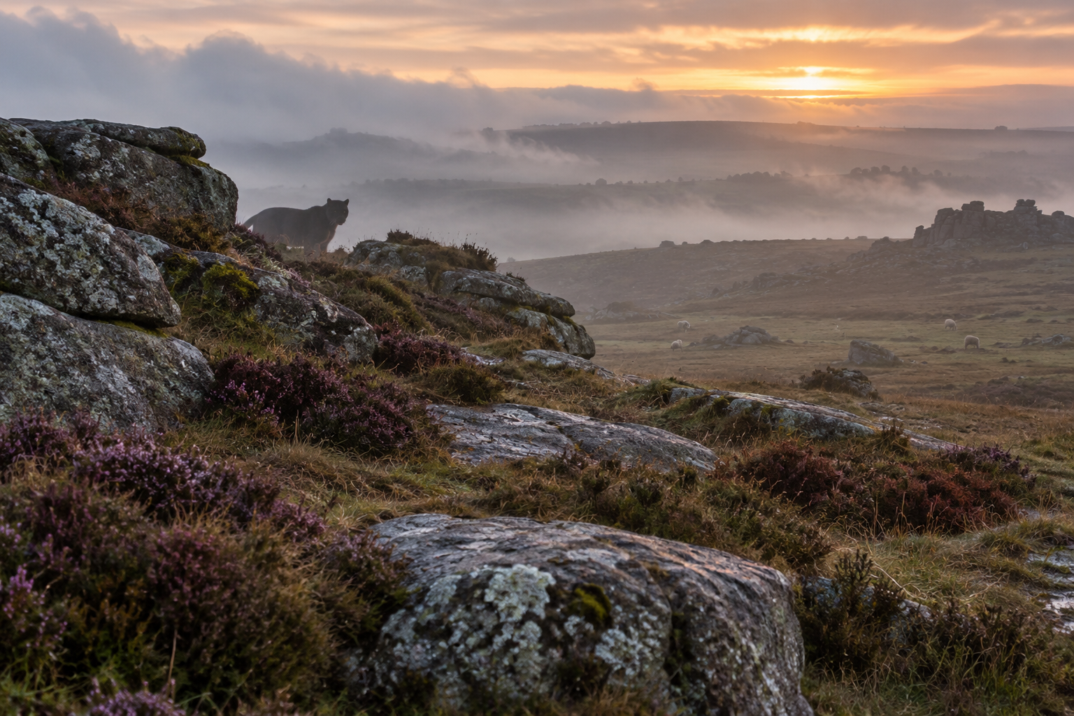 Generated scale-ambiguous wildlife scene on Bodmin Moor. It is not a witness photograph.