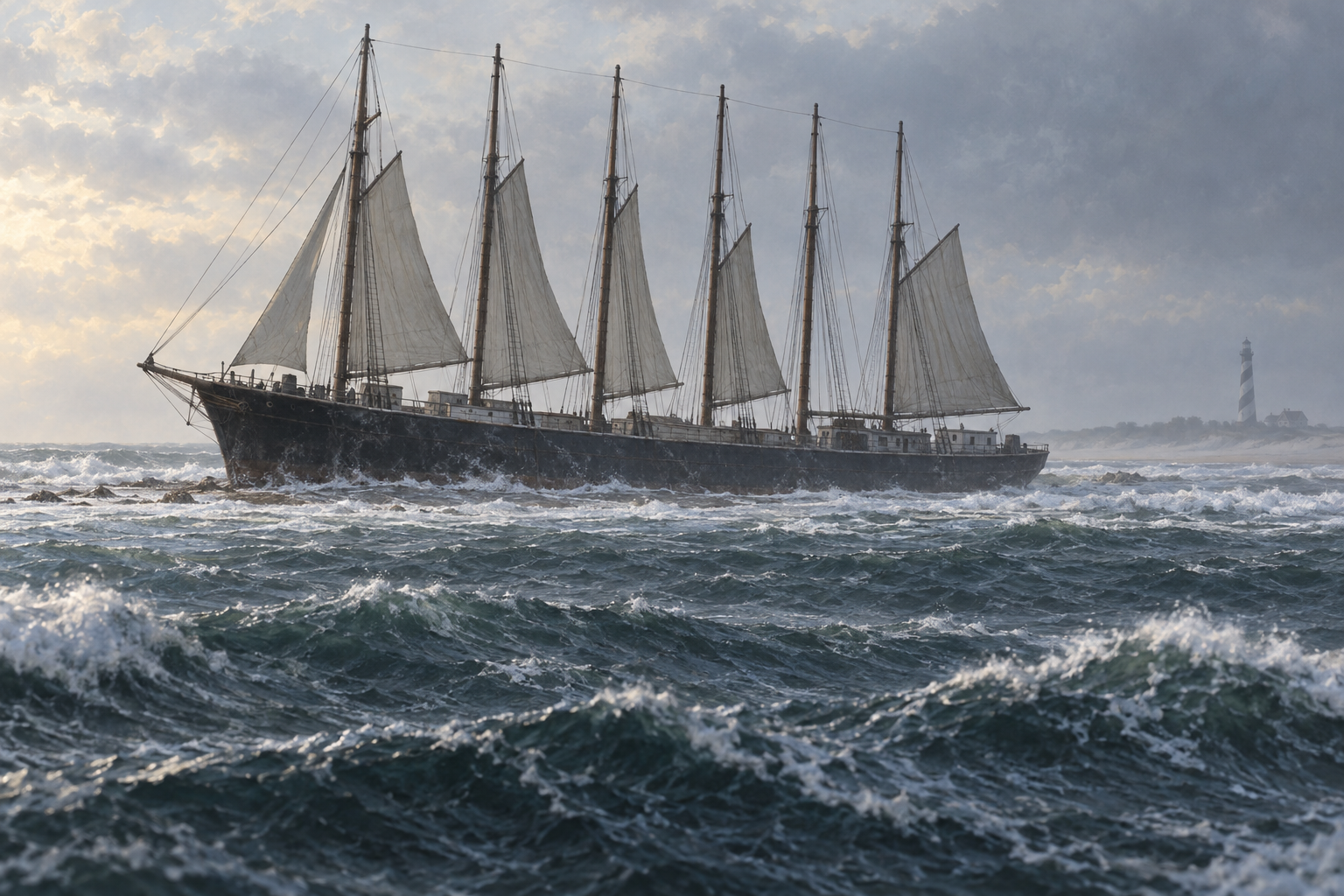 Interpretive reconstruction of the Carroll A. Deering grounded near Cape Hatteras. It is not a historical photograph or exact wreck-state rendering.