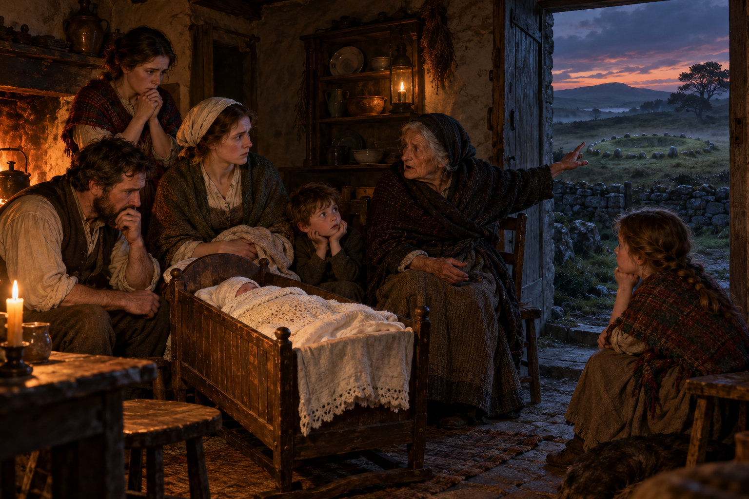 Generated respectful reconstruction of a family hearing a changeling explanation. It depicts belief and anxiety, not a supernatural event.