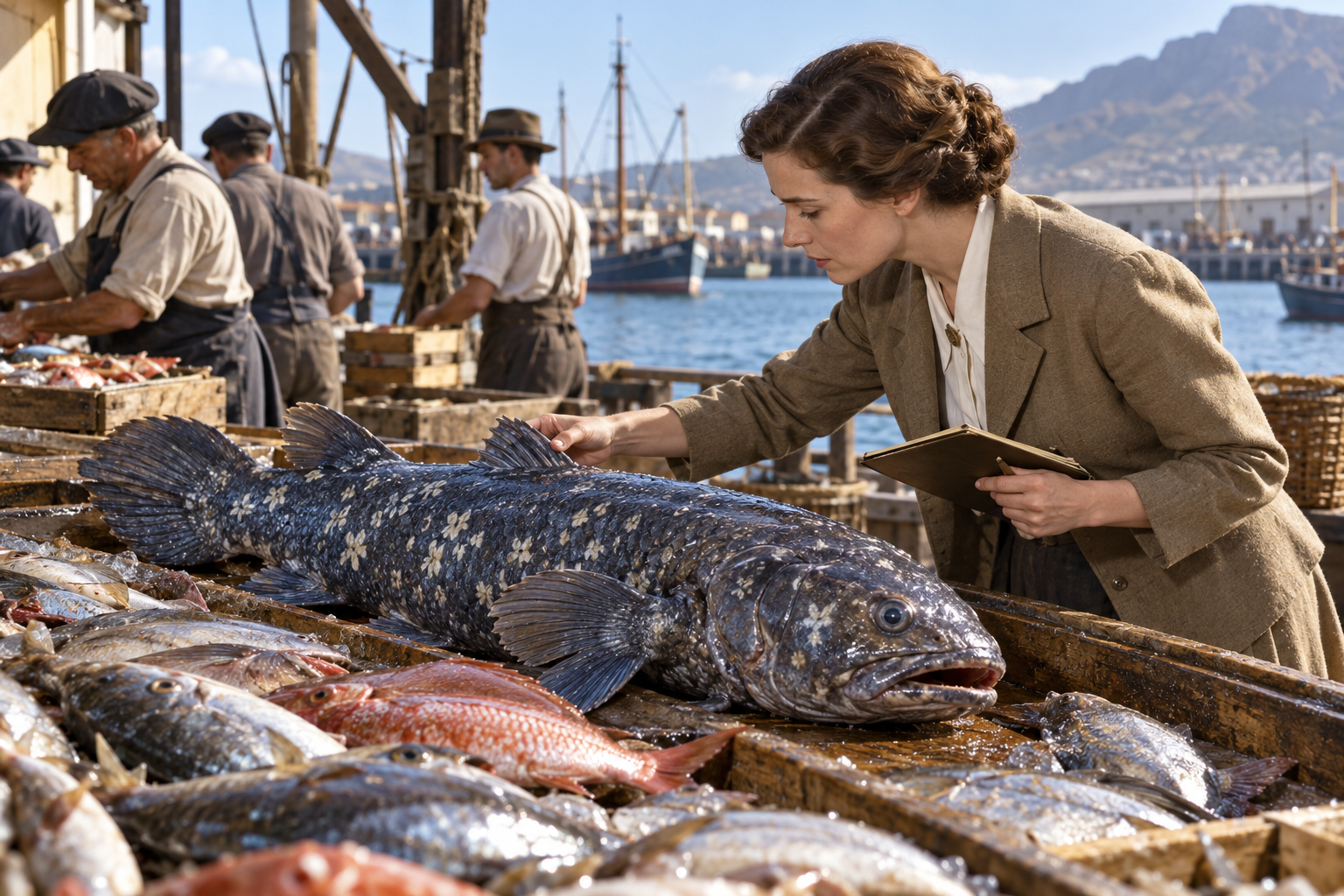 Interpretive reconstruction of a curator examining a coelacanth in a 1938 harbour catch. It is not a photograph or exact portrait.