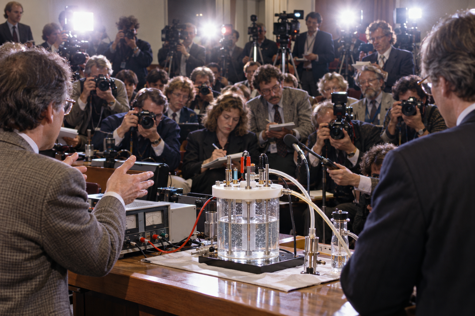 Interpretive reconstruction of the 1989 public announcement and laboratory cell. It is not a portrait or documentary photograph.