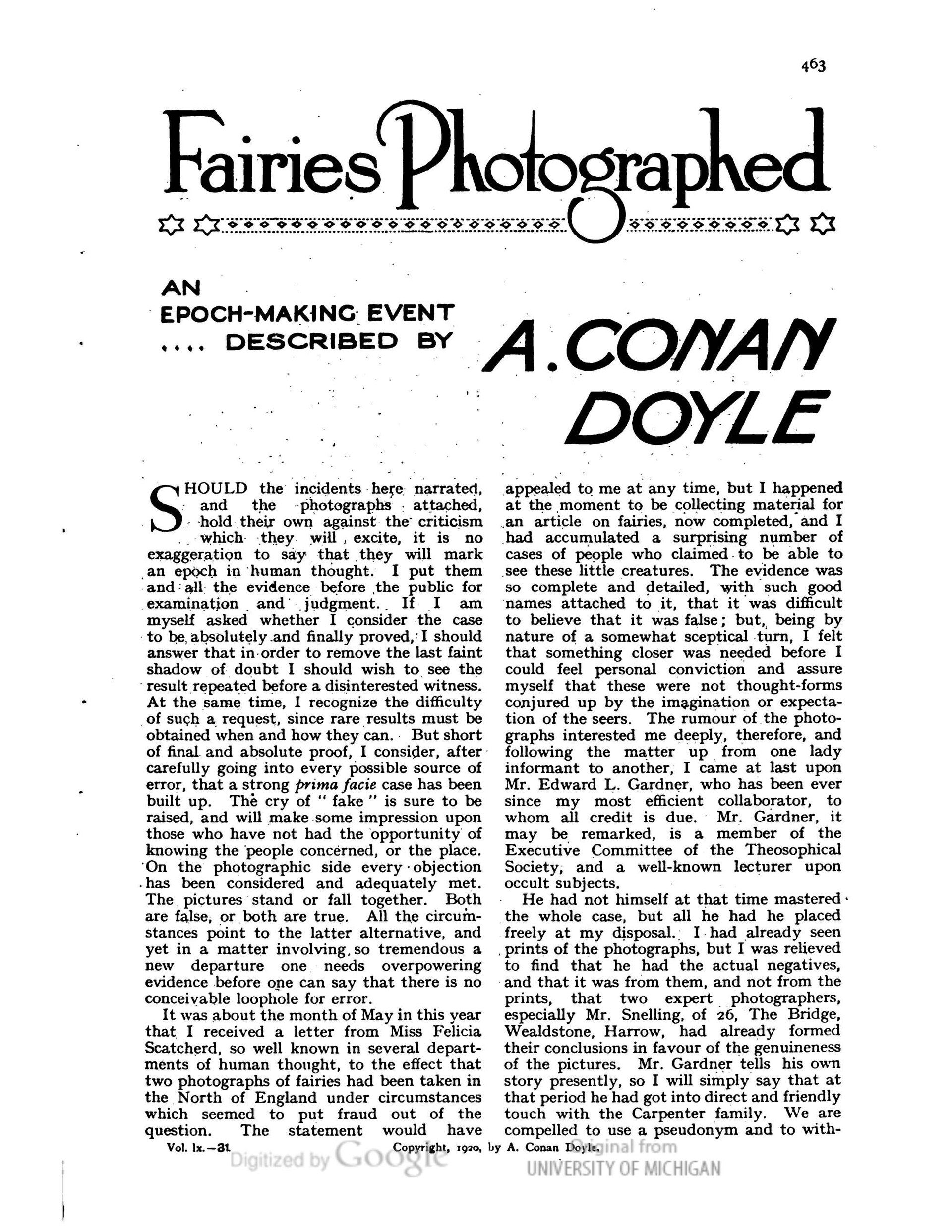 The opening page of Arthur Conan Doyle's 1920 Strand Magazine article about the Cottingley photographs. It documents how the claim was presented to a mass audience, not whether the photographs were genuine.