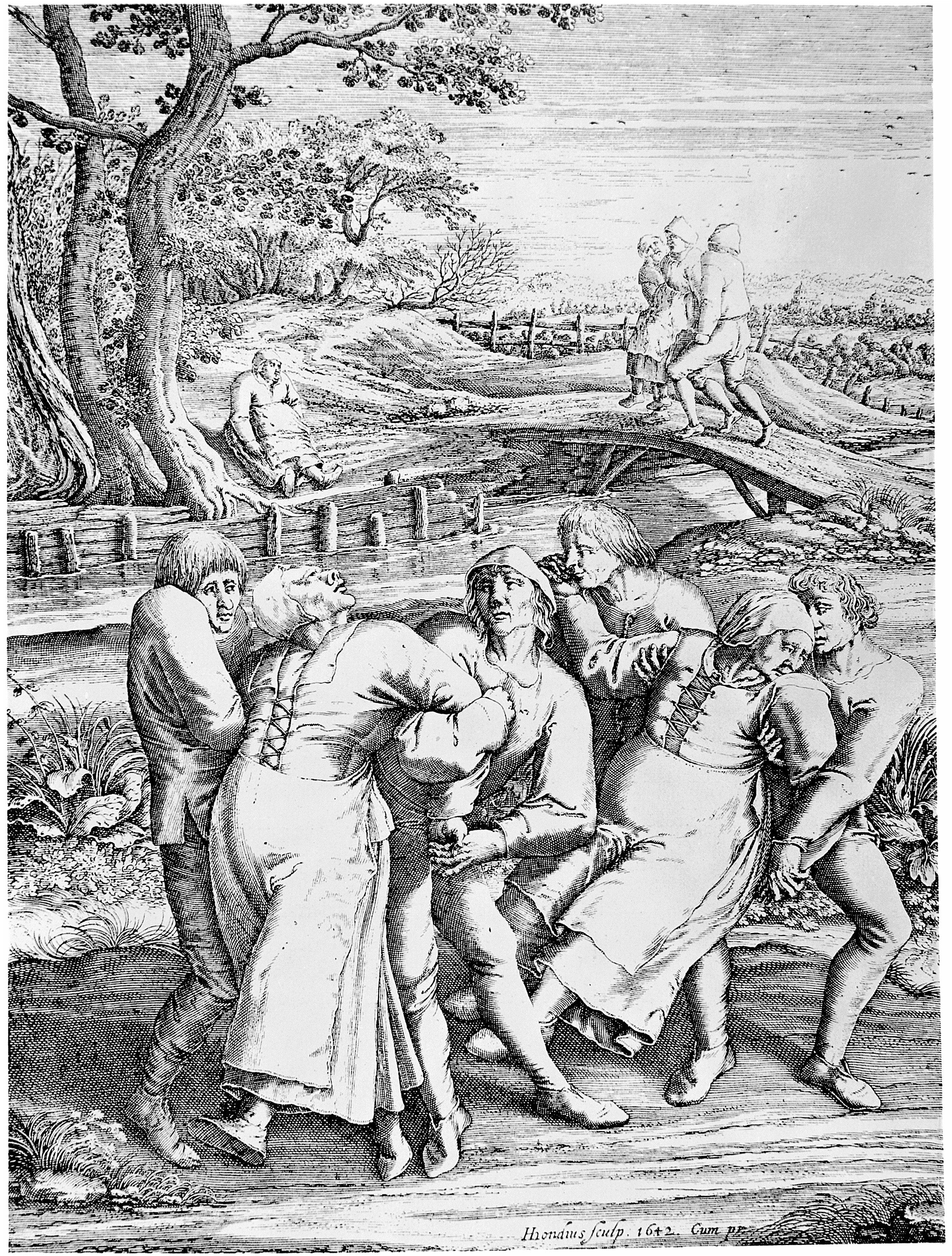 Hondius's 1642 engraving after Bruegel is a later image of dancing mania, not an eyewitness record of Strasbourg in 1518.
