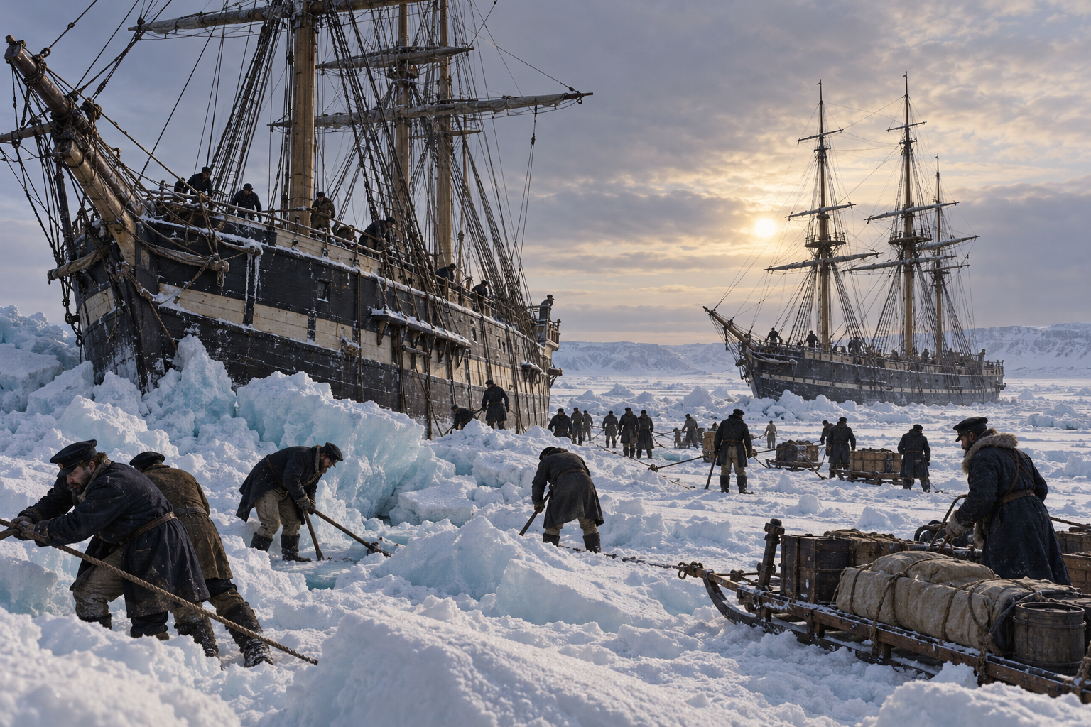 Generated Arctic reconstruction of Erebus and Terror in pack ice. It is interpretive and not a contemporary view.