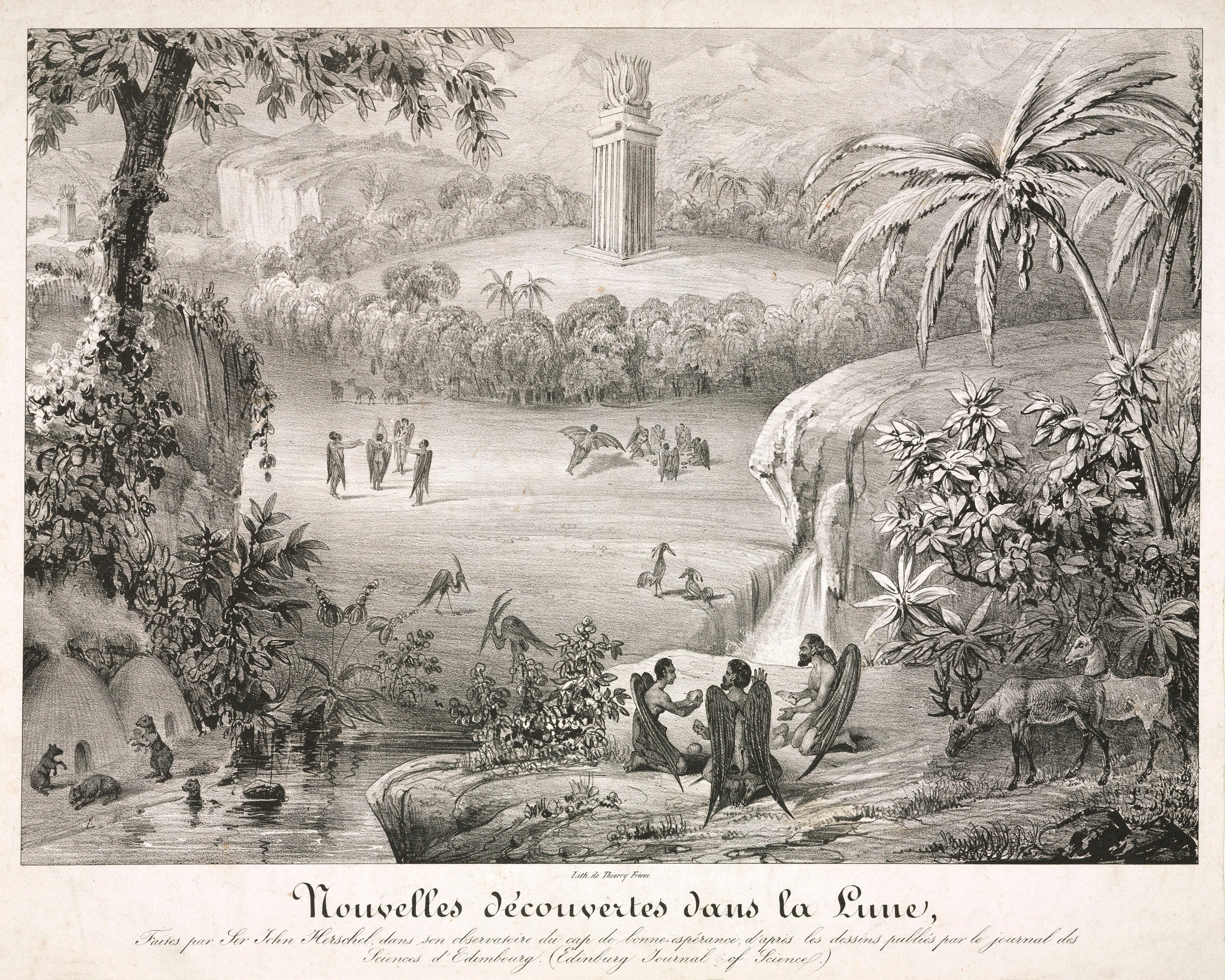 A French lithograph presenting the fabricated lunar landscape and inhabitants described during the Great Moon Hoax.