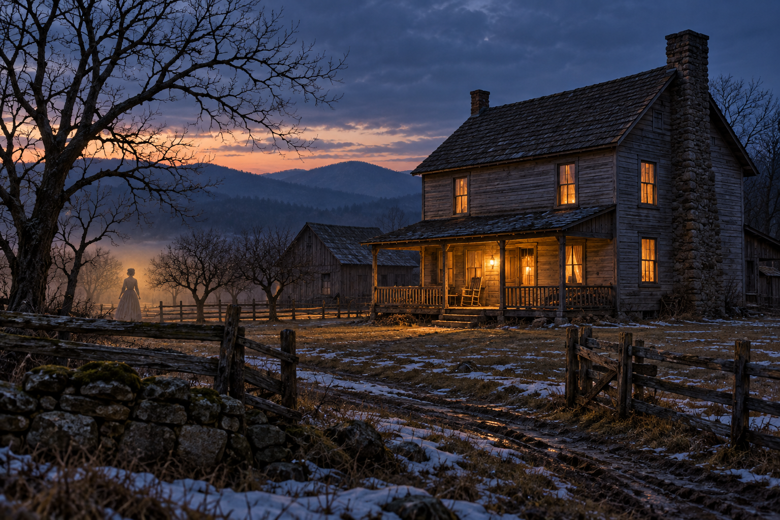 Interpretive Greenbrier County homestead scene with an ambiguous memory-like figure. It is not a photograph of Zona Shue or an apparition.