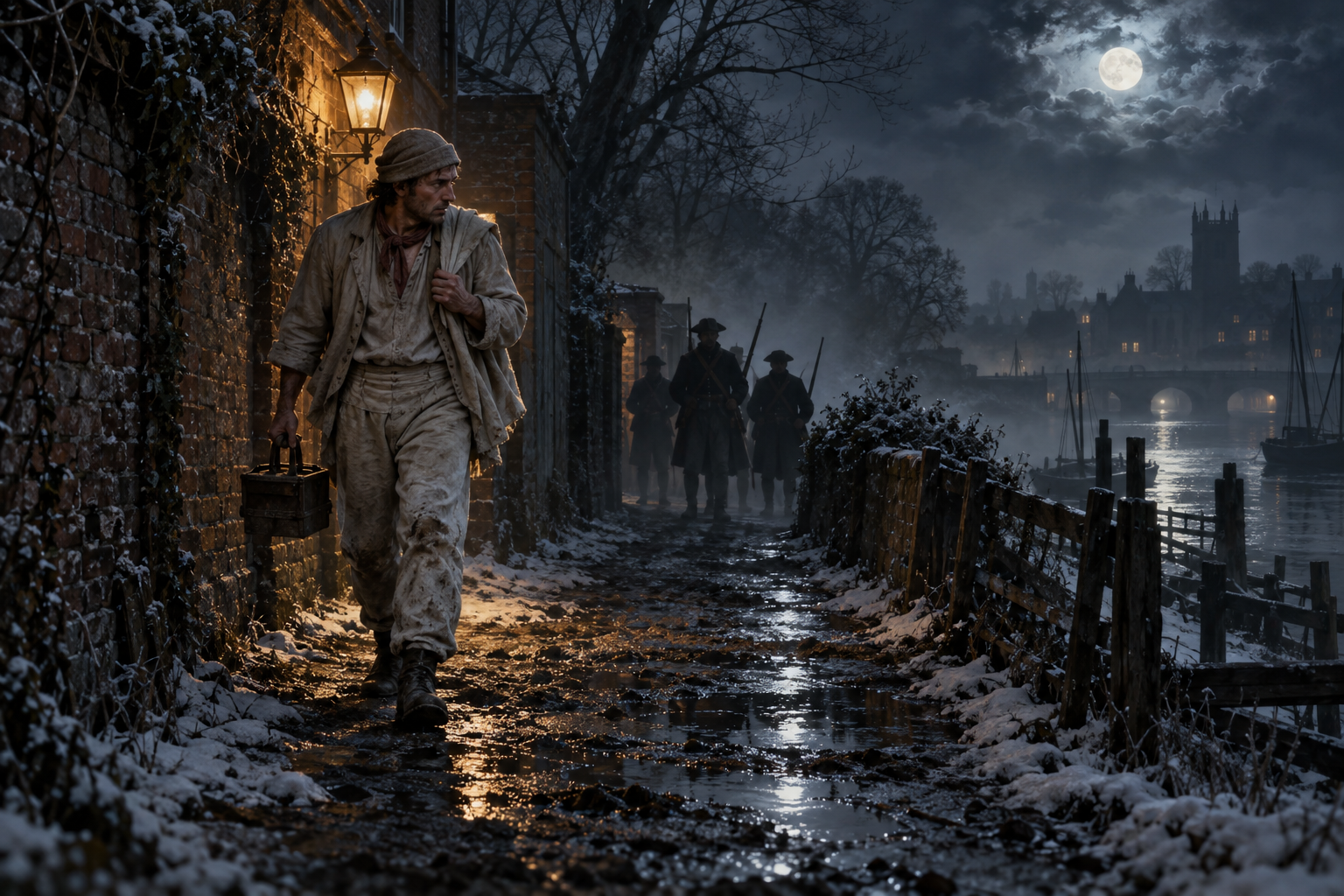Generated reconstruction of Millwood and a patrol on a winter lane. It does not depict the fatal confrontation.