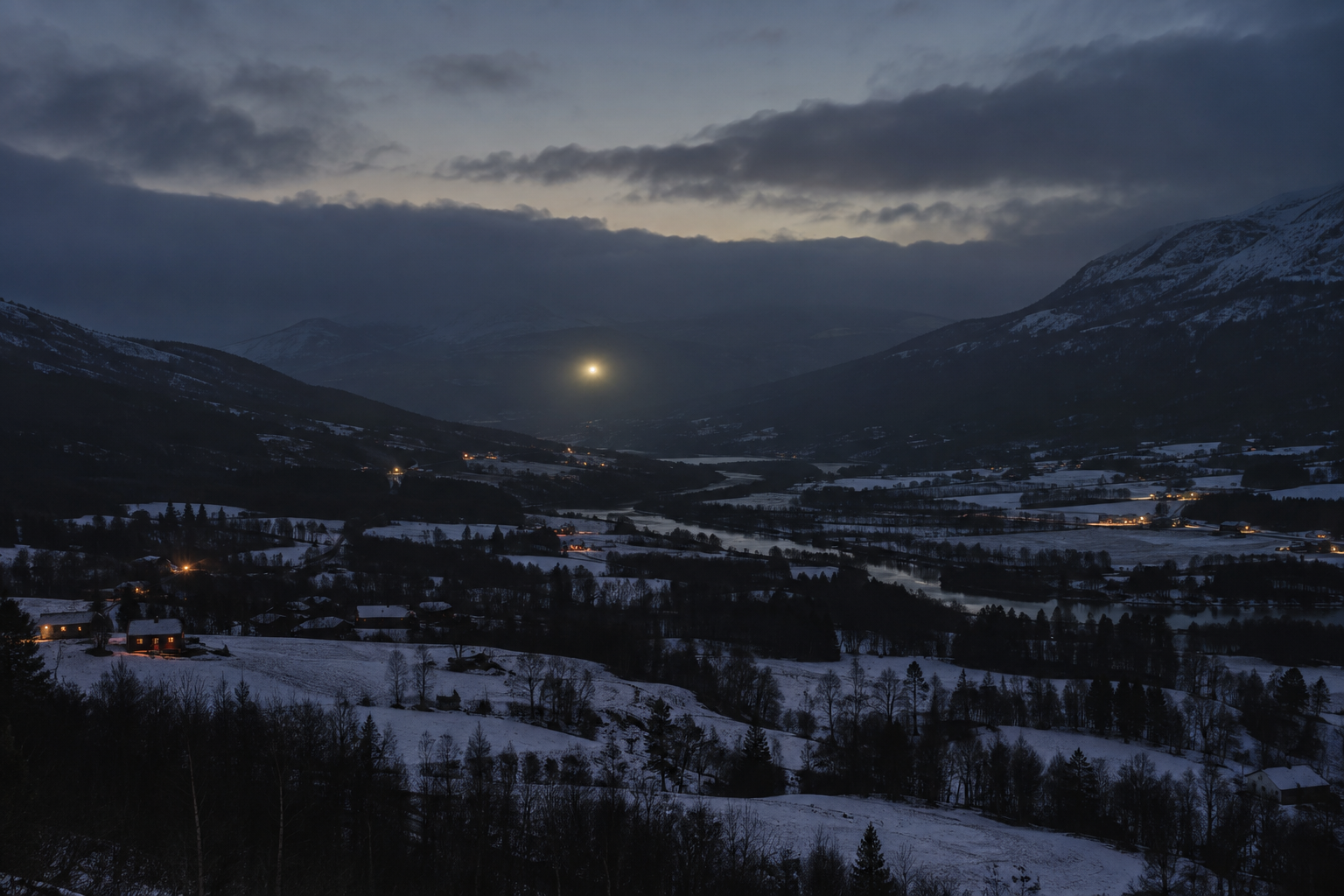 Interpretive editorial reconstruction of a small luminous phenomenon above the Hessdalen valley. It is not a photograph of a recorded event and does not imply a solid object.