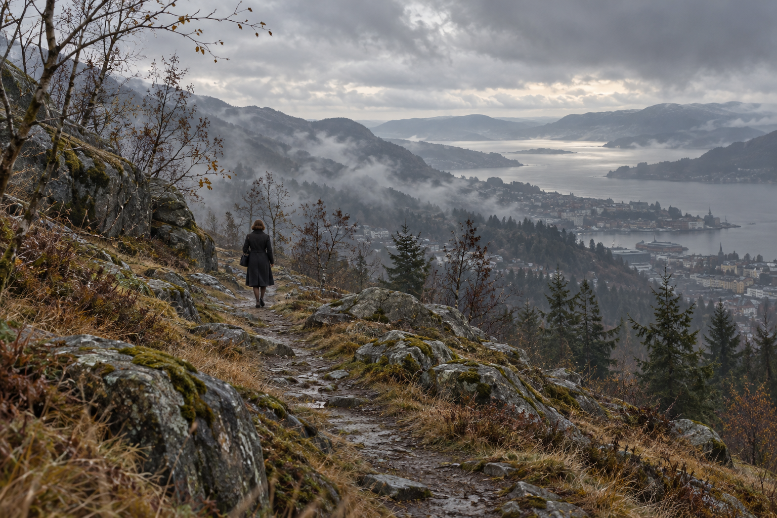 Interpretive view of a lone traveller in the terrain above Bergen. It is not a photograph of the Isdal Woman or the discovery scene.
