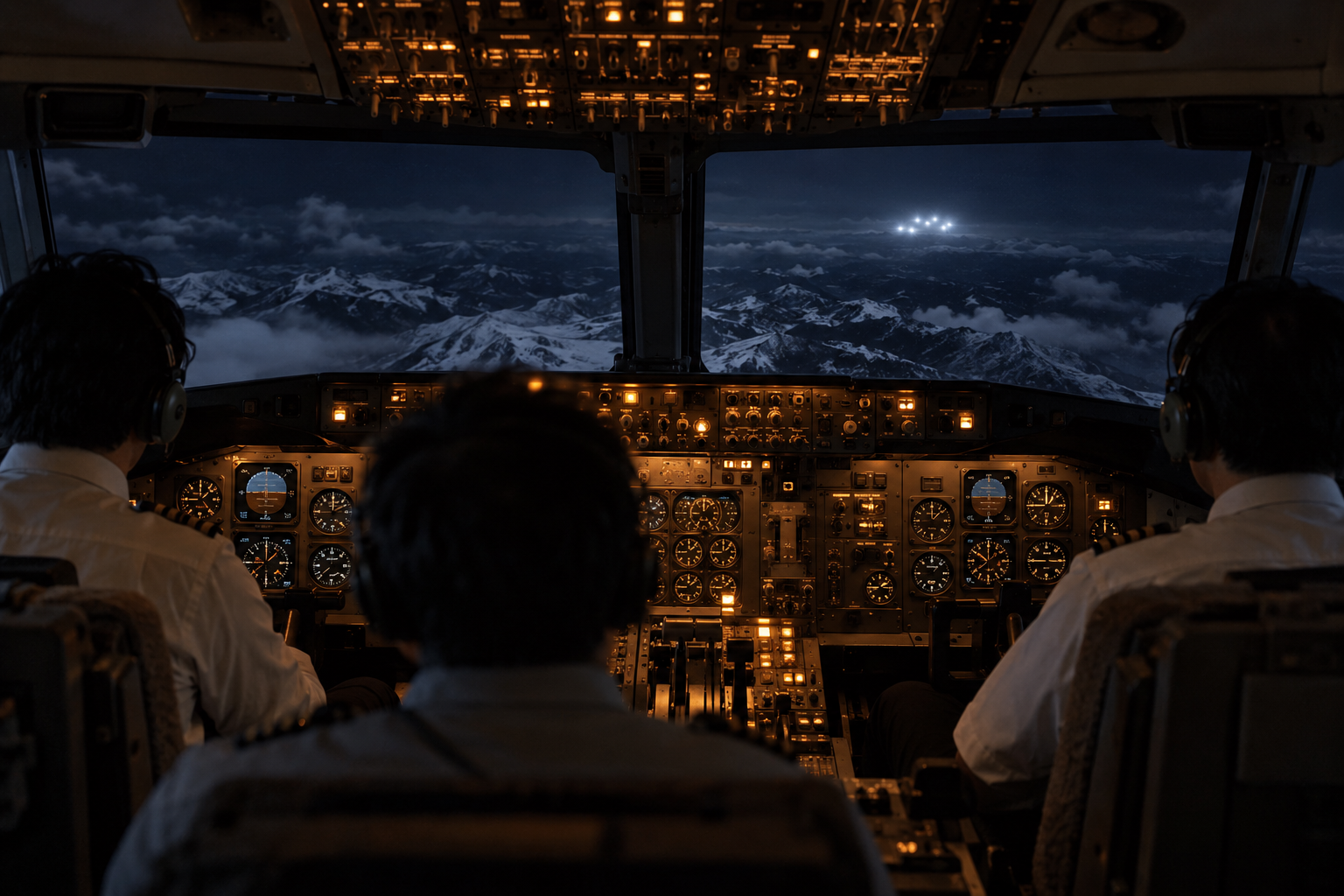 Generated reconstruction of a 1986 cargo cockpit and ambiguous lights; not a witness photograph.