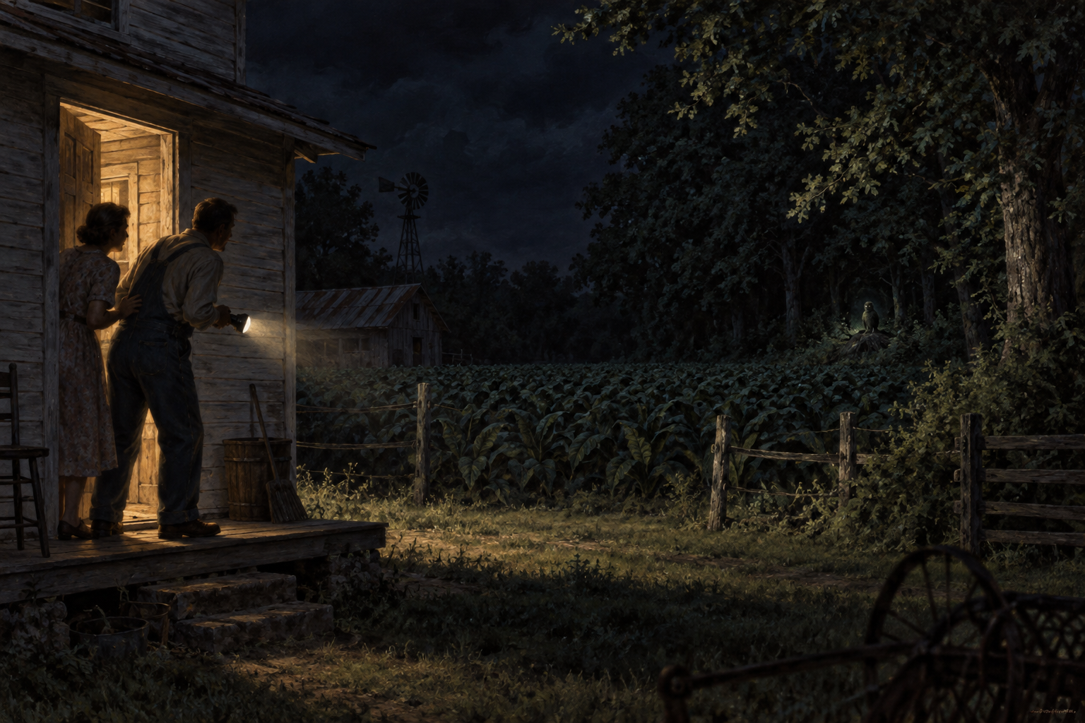 Interpretive reconstruction of a rural Kentucky farmhouse during the reported encounter. It is not the Sutton property and is not documentary evidence.