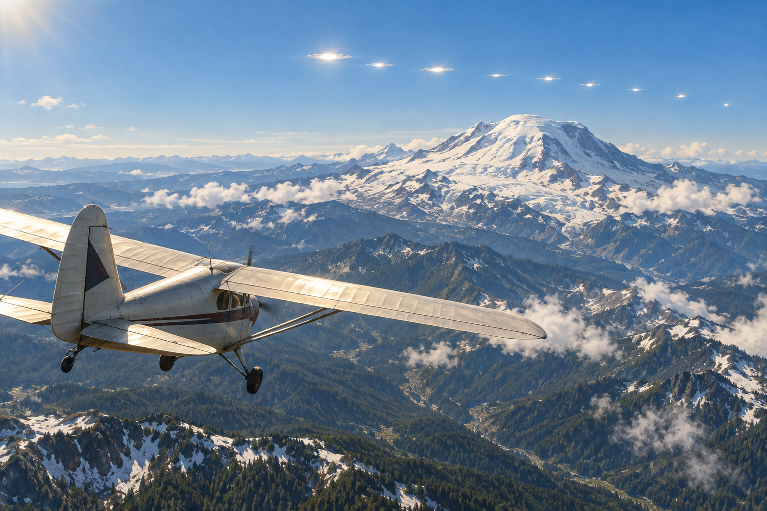 Interpretive view of Arnold’s aircraft and distant reflective objects. It is not a historical photograph and does not assert a craft shape.