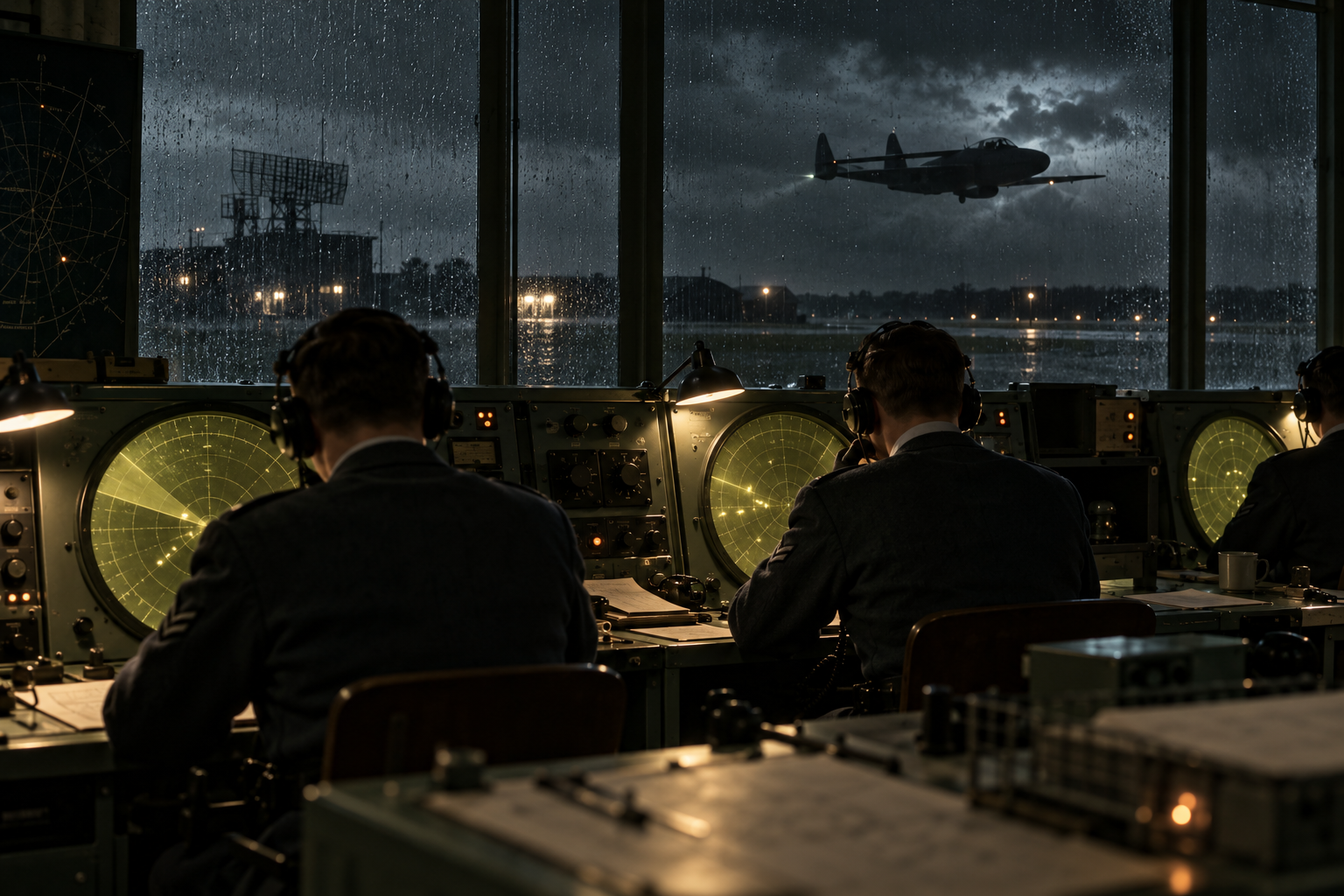 Generated reconstruction of a 1950s radar room during the incident. It is not a documentary photograph or original radar display.