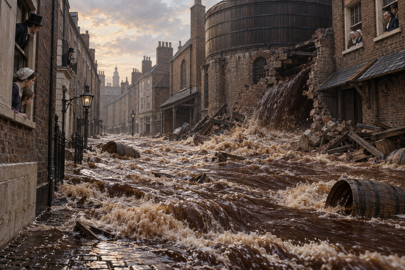 Interpretive reconstruction of porter and debris entering a St Giles street. It is not a historical image and depicts no identified victim.