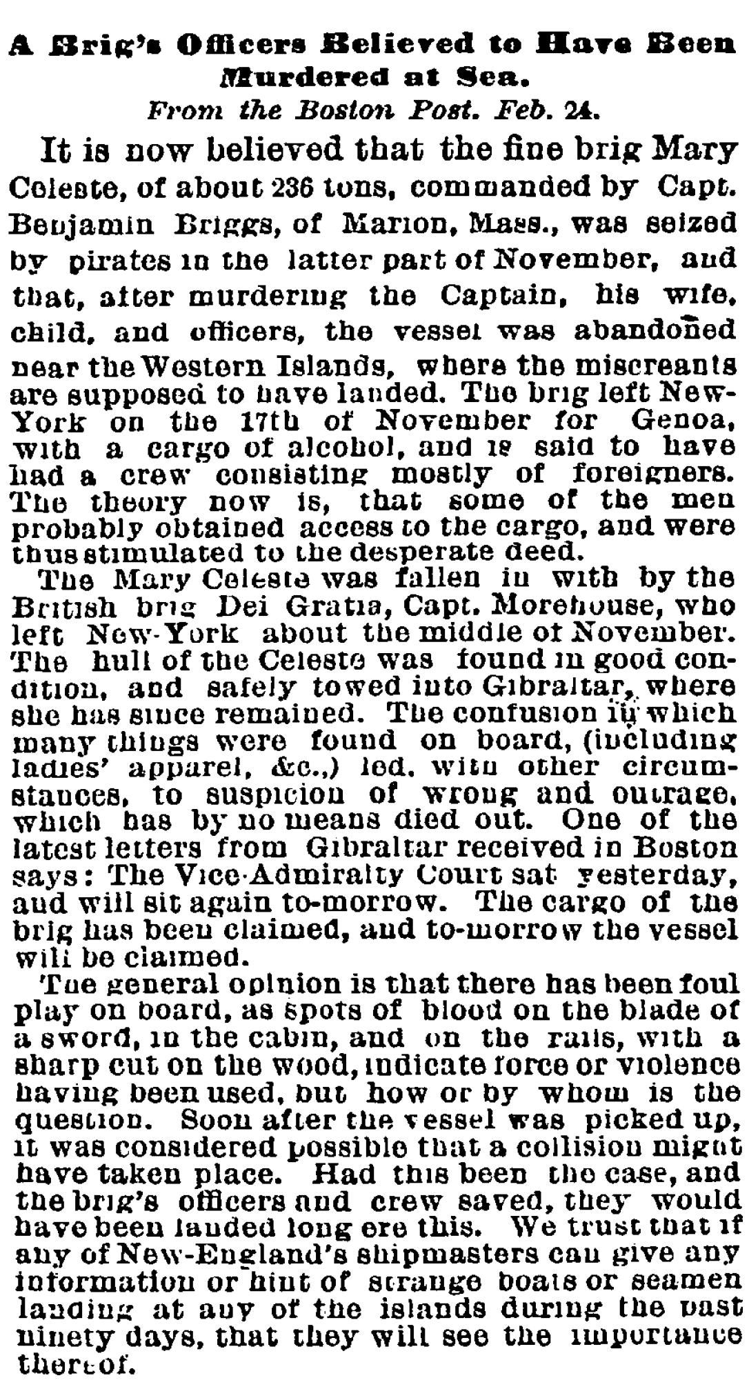 A February 1873 New York Times report repeating a murder-and-piracy theory. The clipping records how quickly speculation surrounded the abandoned vessel; its allegations are not established facts.