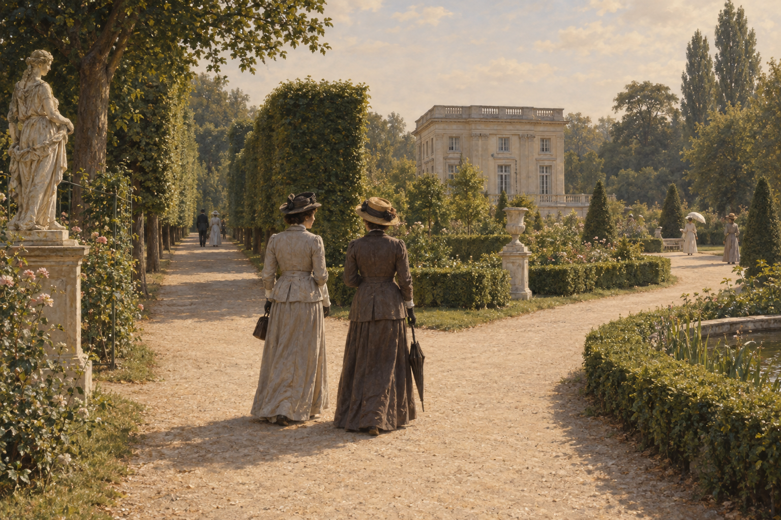 Interpretive editorial reconstruction of two Edwardian visitors at a garden junction near the Petit Trianon. It is not a historical image of the 1901 walk.