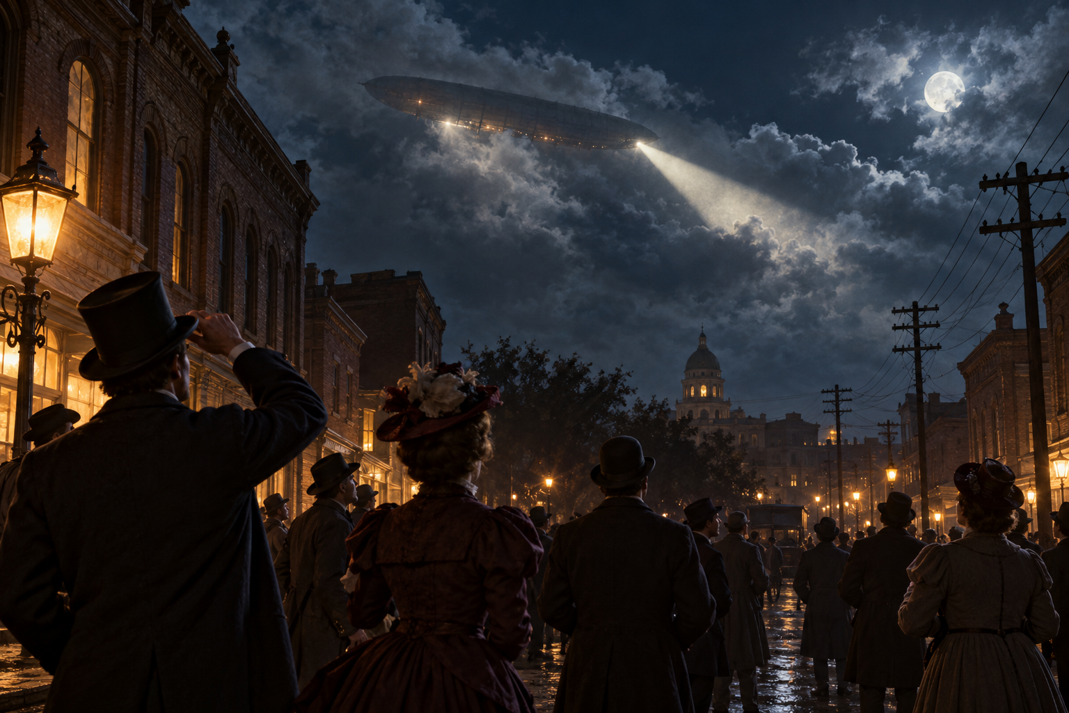 Interpretive reconstruction of an 1890s crowd watching a reported airship. It is not a historical photograph or a claim that the craft existed.