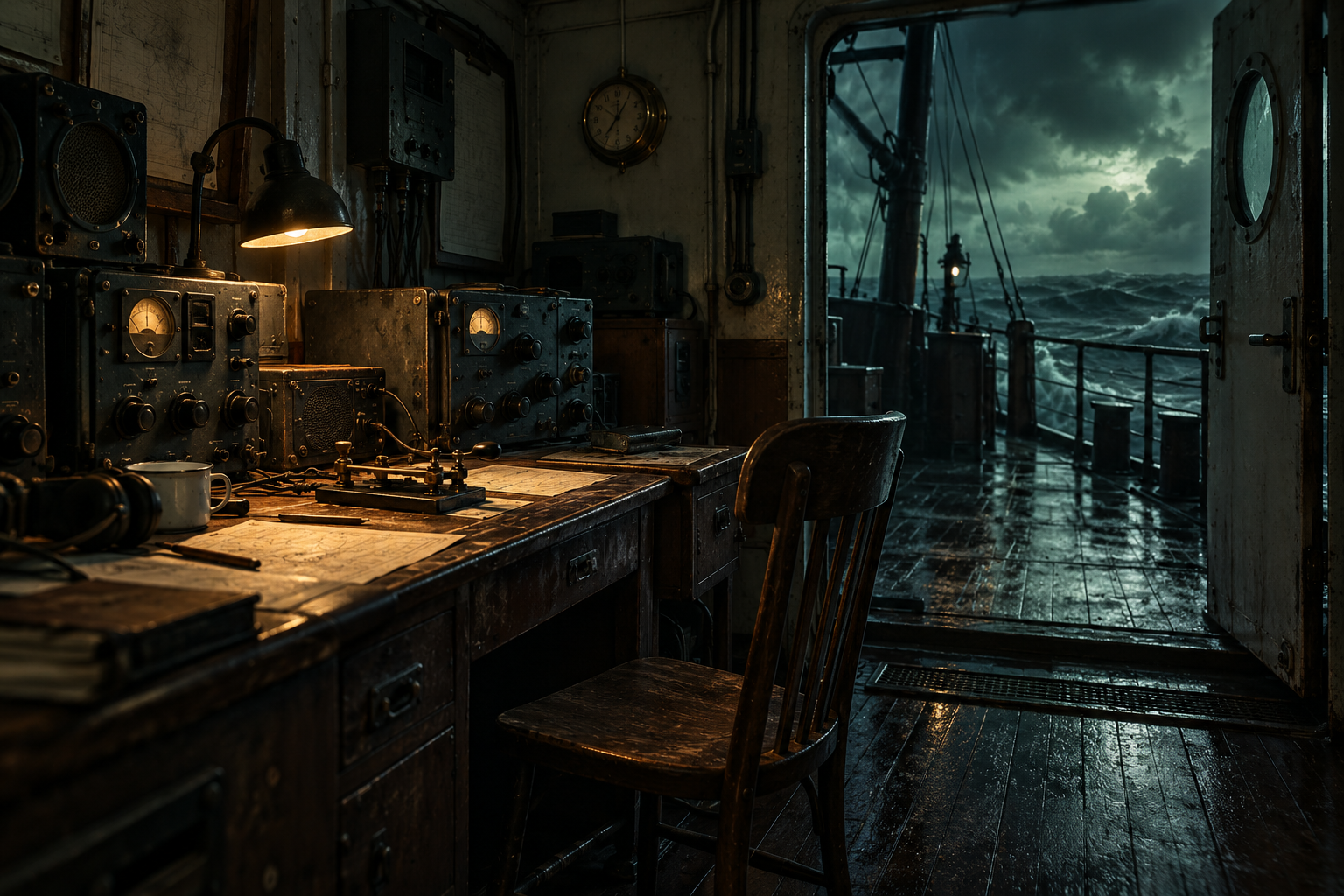 Interpretive empty radio room inspired by the legend. It is not a photograph of a verified ship or distress event.