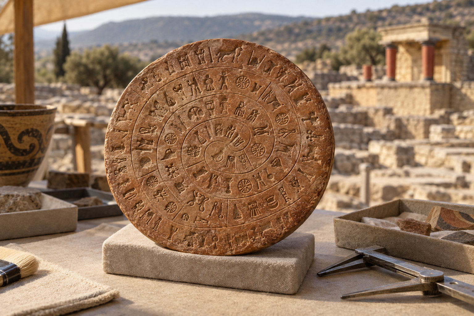 Interpretive clay-disc reconstruction in an archaeological setting. It is not a facsimile of the Phaistos Disc and its signs must not be read as evidence.