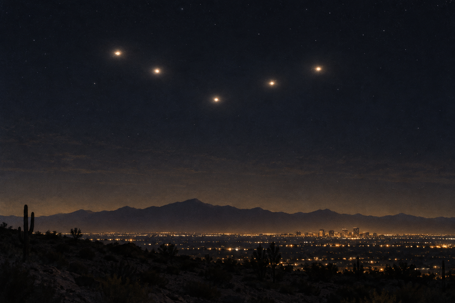 Interpretive editorial illustration of separate lights in a V above the Phoenix landscape. It is not a photograph of the 1997 sightings and does not depict a verified solid craft.
