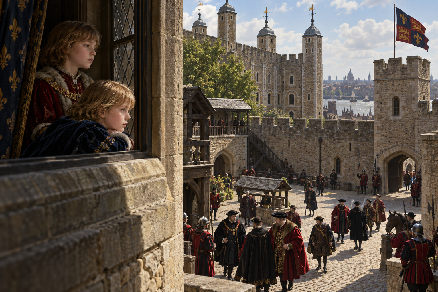 Generated historical interpretation of two royal children within the Tower. It is not a portrait or reconstruction of a witnessed event.