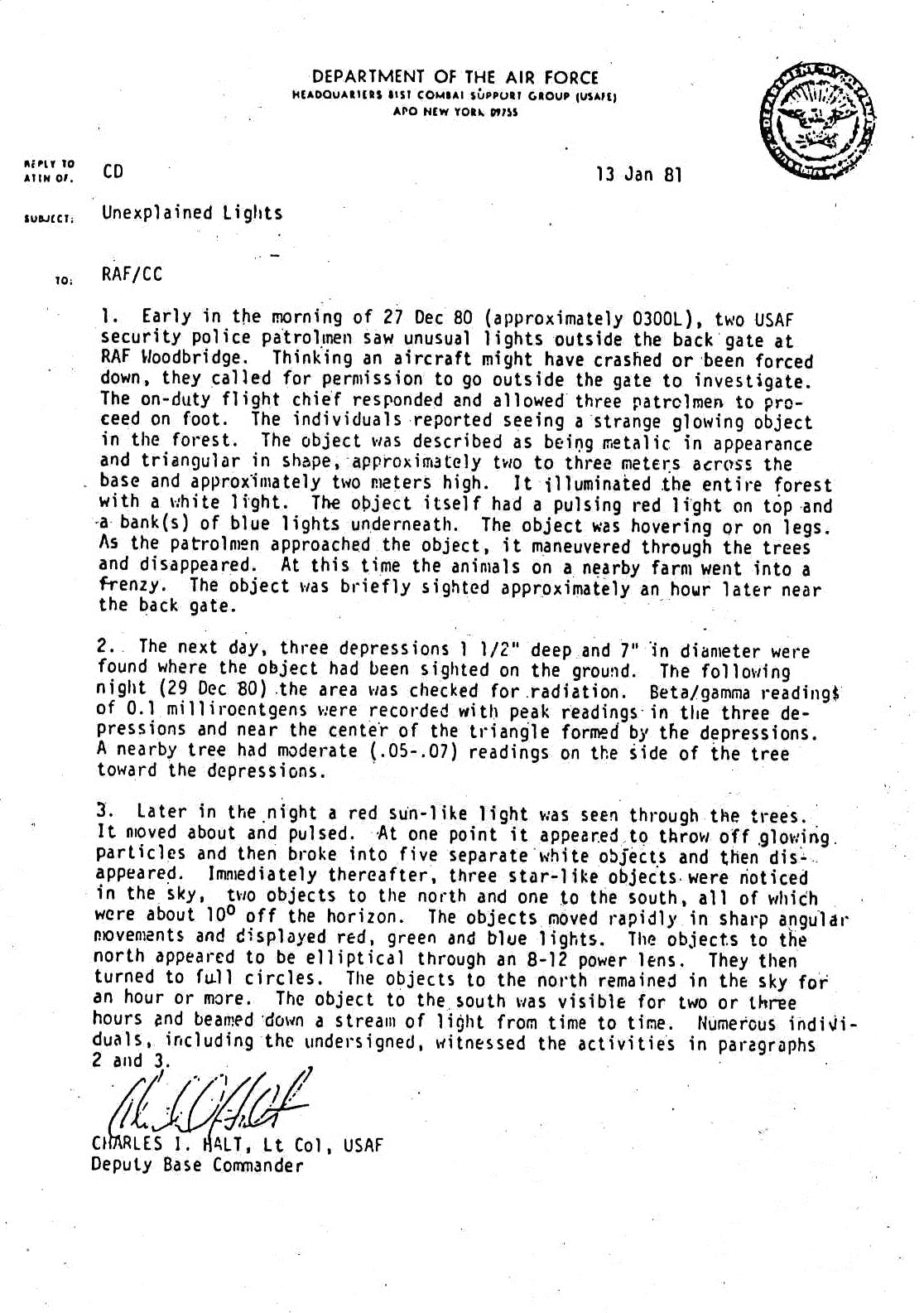 Lieutenant Colonel Charles Halt's January 1981 memorandum, headed Unexplained Lights. It is a primary record of what Halt reported, not independent proof that every interpretation in the document was correct.