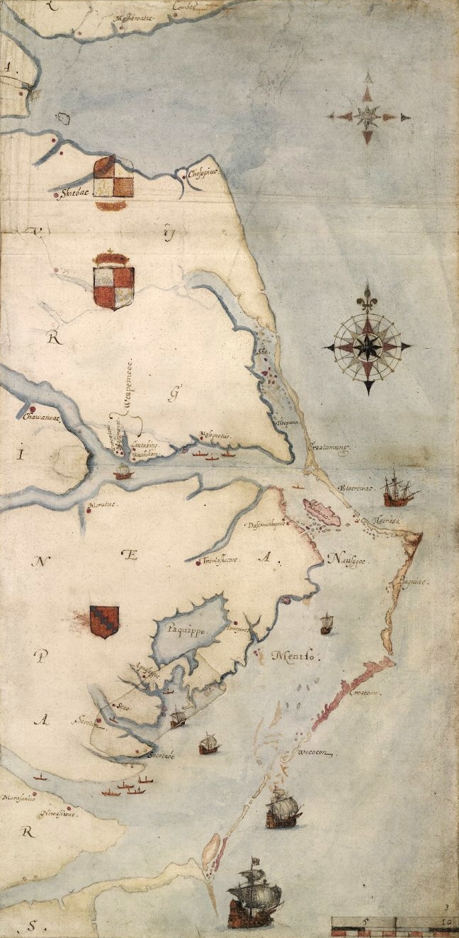 John White's map of the coast around Roanoke places the colony within a complex network of islands, waterways and communities.