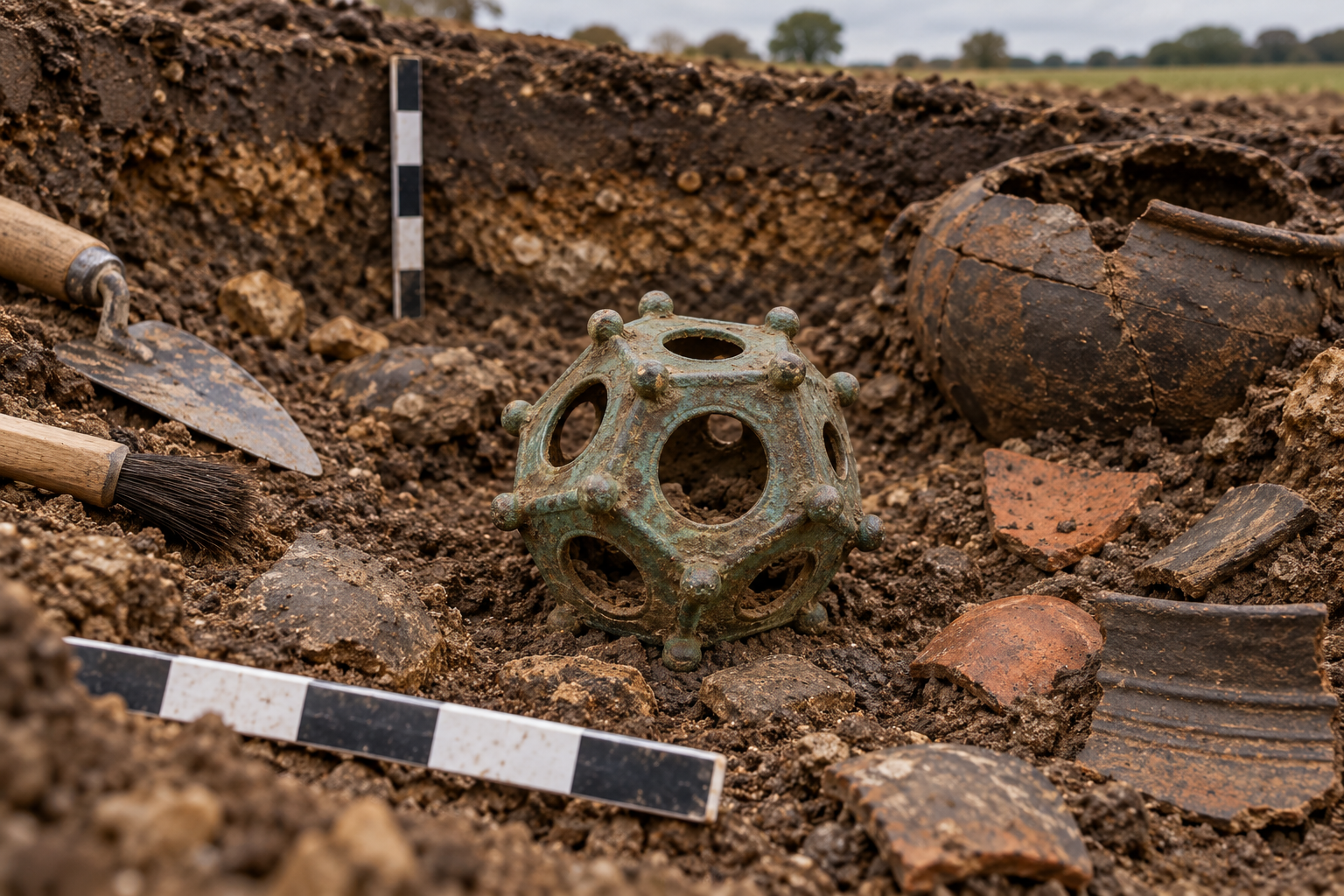 Generated reconstruction of a dodecahedron in an excavated Roman-period deposit. It is not a photograph of the Norton Disney find.