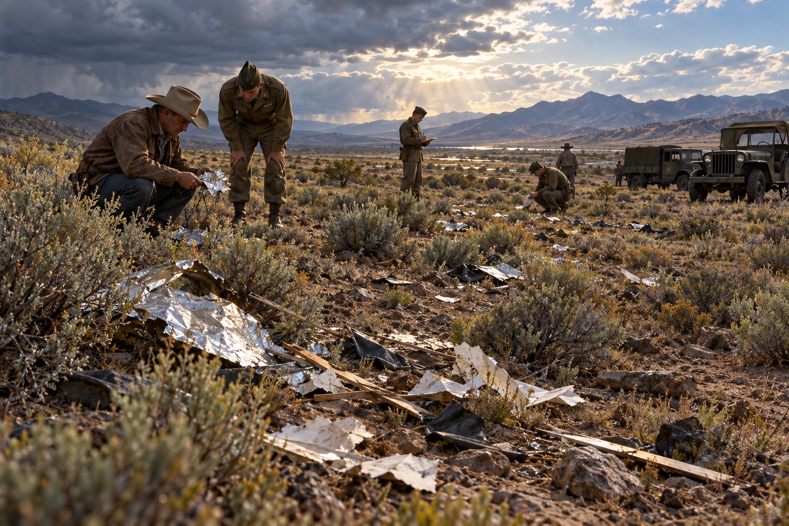 Interpretive reconstruction of investigators examining lightweight debris in New Mexico. It is not the Brazel ranch or a historical photograph.