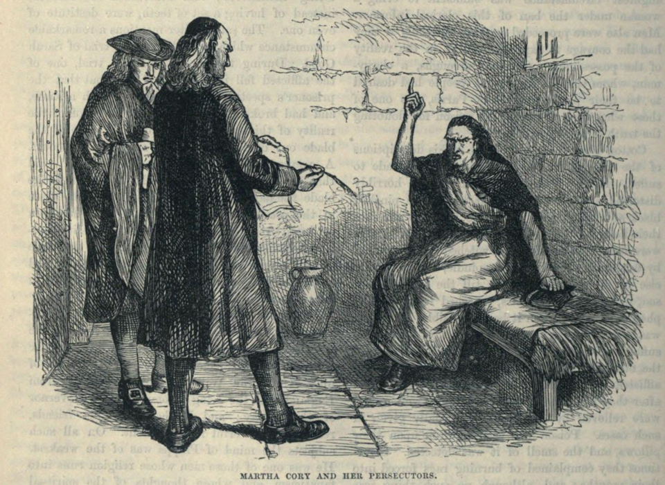 Martha Corey refusing a written confession in a later historical illustration. It records the memory of the trials, not a contemporary eyewitness scene.