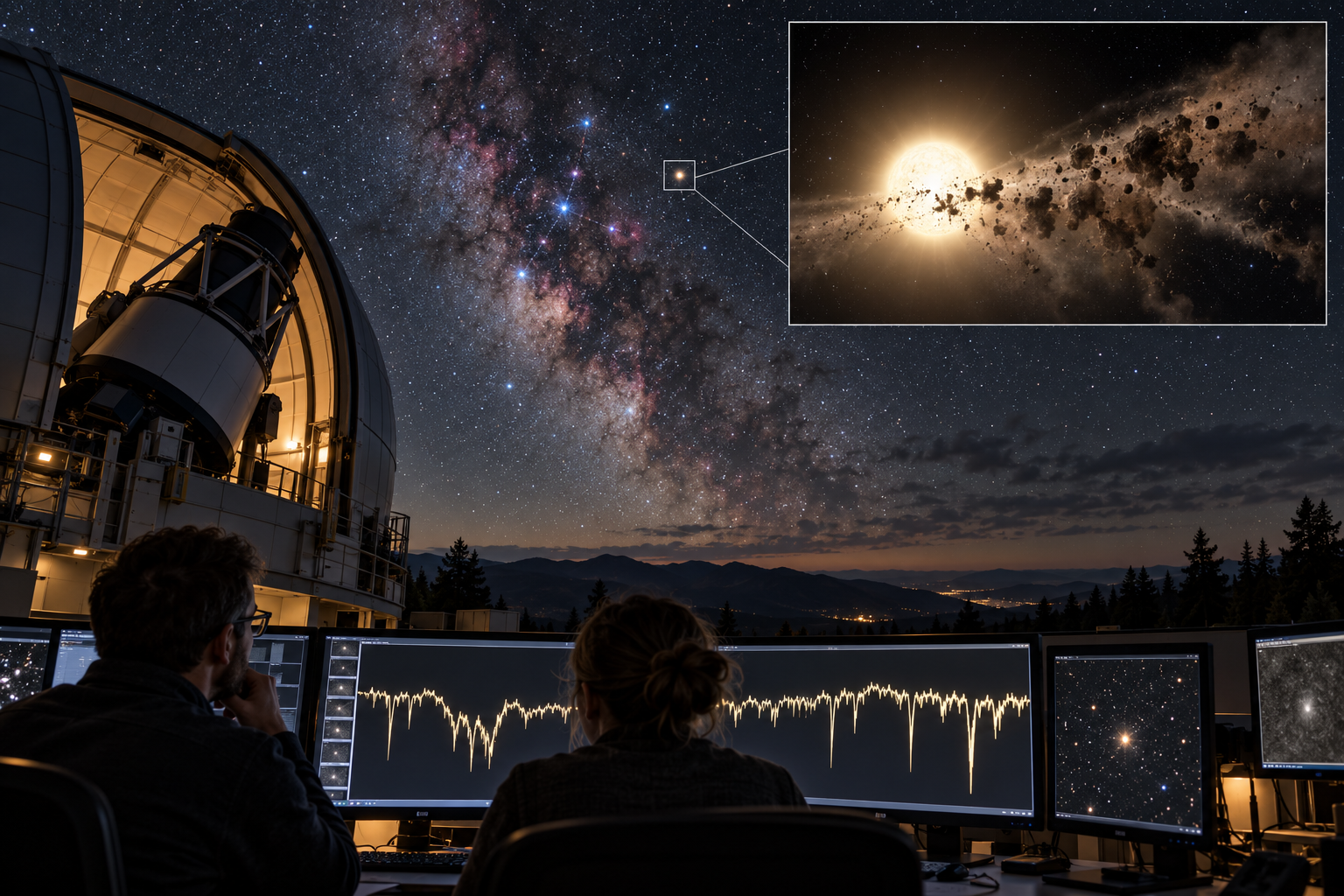 Generated observatory scene with an illustrative irregular light curve. It is not a Kepler data plot or exact sky image.