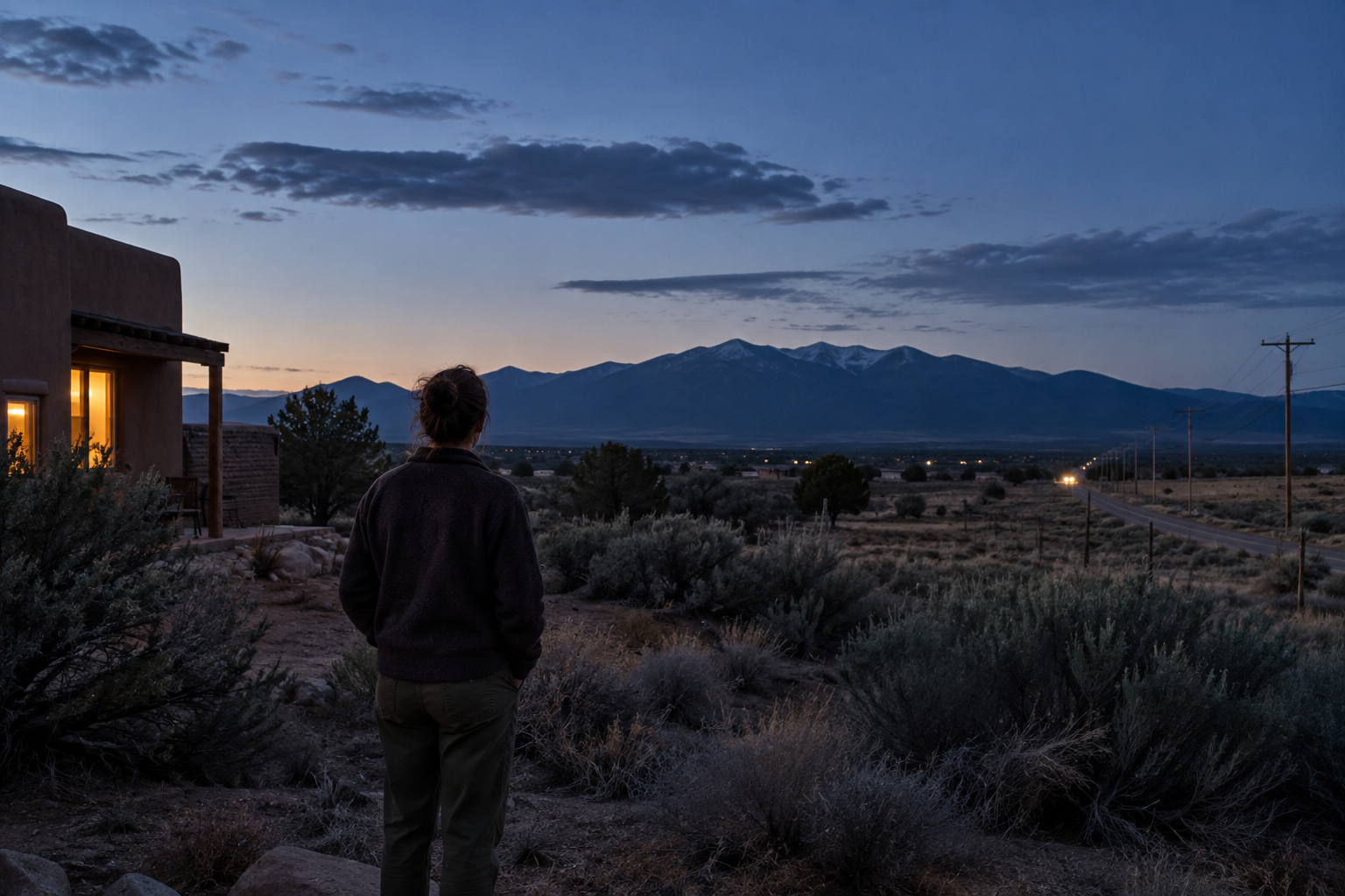 Interpretive editorial reconstruction of a resident listening near Taos at blue hour. It does not document a witness or a measurable sound source.