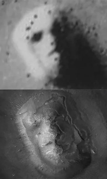 The “Face on Mars” captured by NASA’s Viking 1 orbiter in 1976 (Top) and Mars Global Surveyor in 2001 (Bottom)