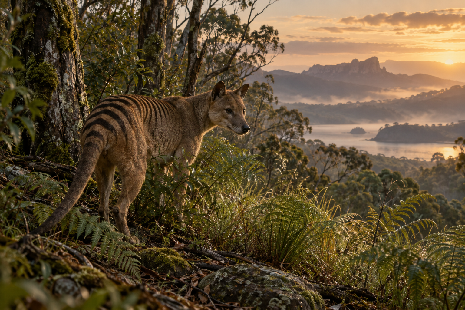 Generated hypothetical view of a thylacine in Tasmanian habitat; not evidence of survival.