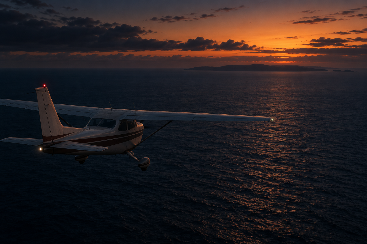 Generated reconstruction of a Cessna over Bass Strait at dusk. It is not an image of the final flight.