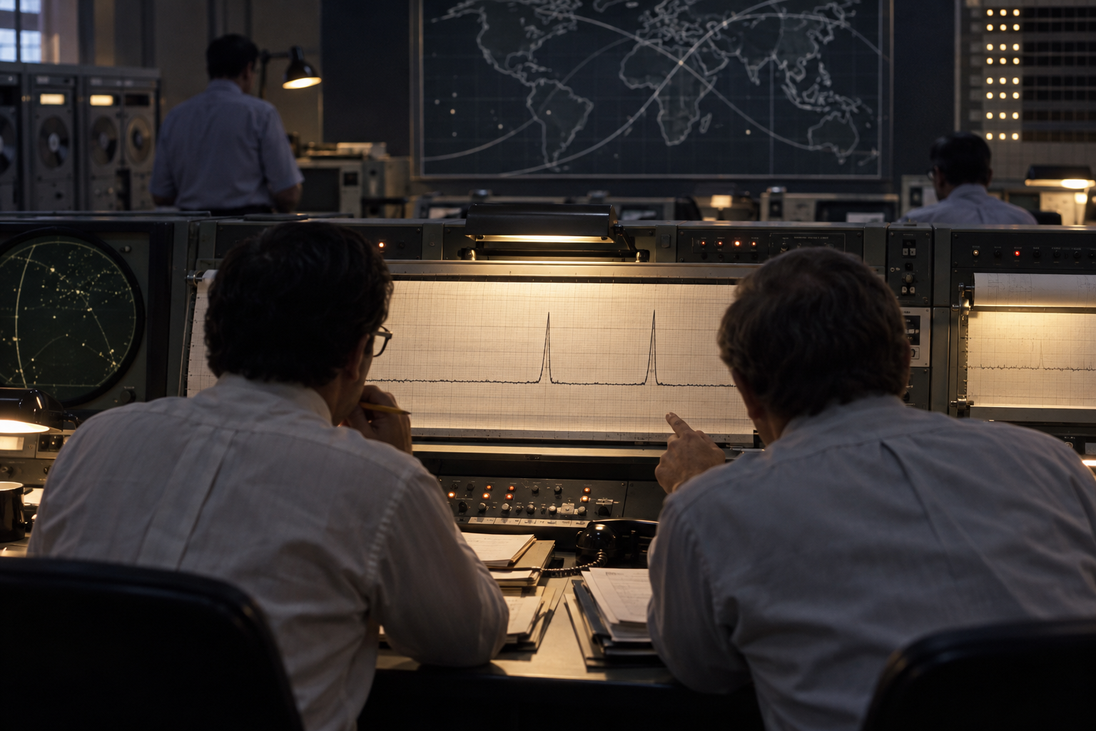 Interpretive reconstruction of analysts examining a double-pulse trace. It is not a photograph of the Vela control room or the original signal record.