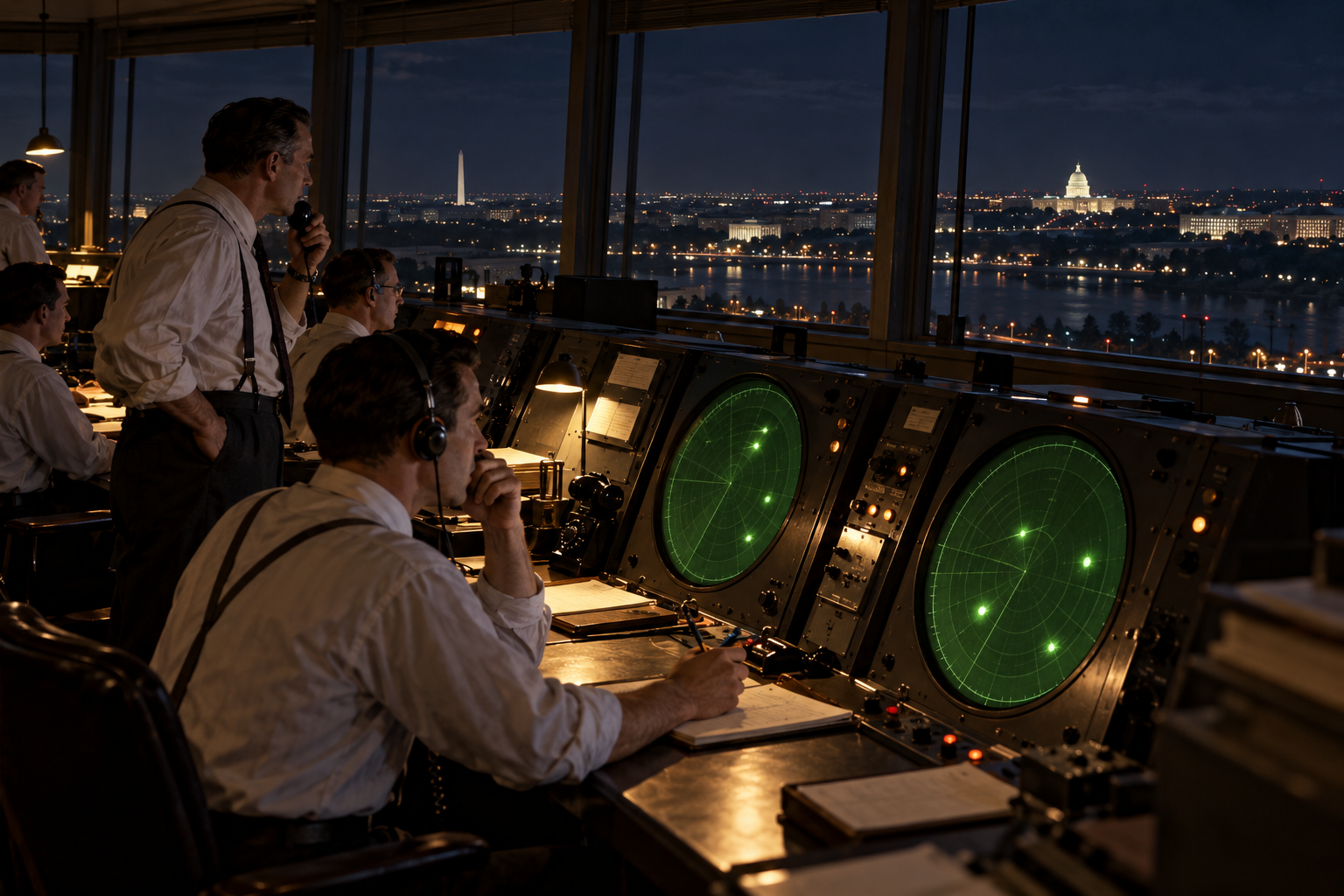 Interpretive reconstruction of a 1952 radar room during the Washington reports. It is not a photograph of the event or a reproduction of a radar plot.