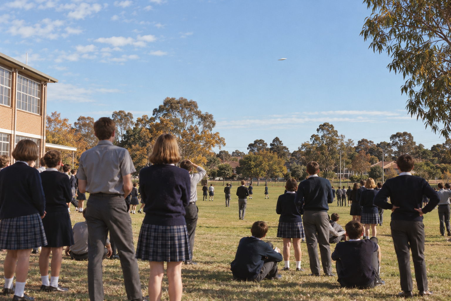Generated reconstruction of pupils observing an ambiguous daylight object; not a witness photograph.