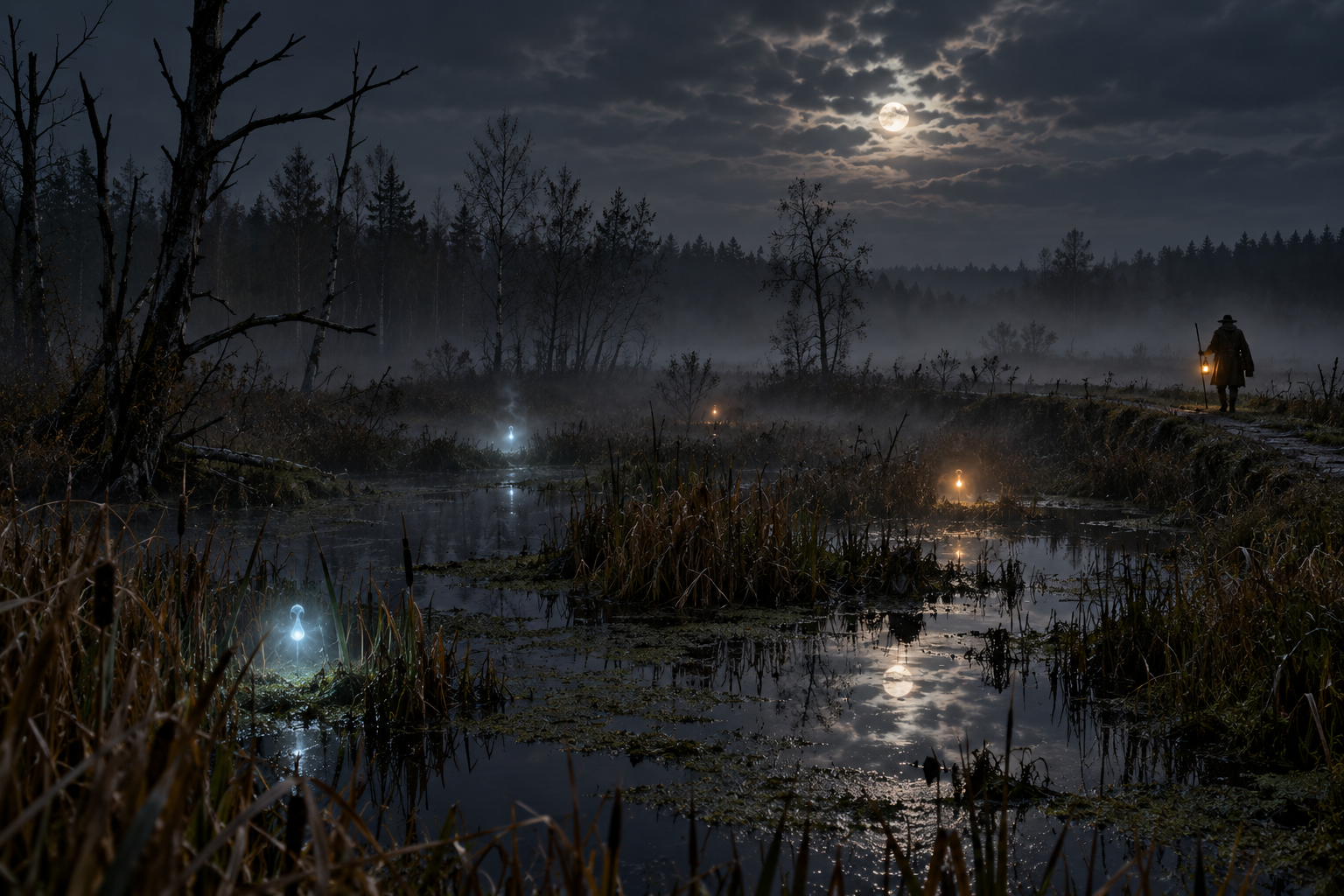 Generated marsh-light scene illustrating historical descriptions; not a documented observation.