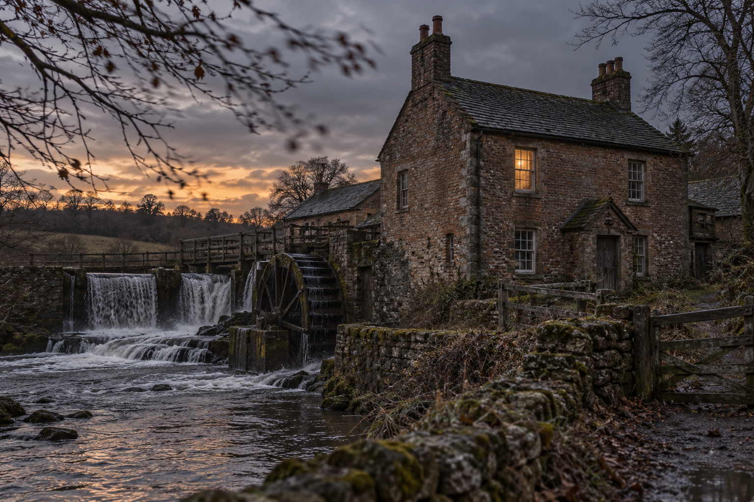 Generated period reconstruction of a mill house at dusk; it is not the surviving site or an apparition.