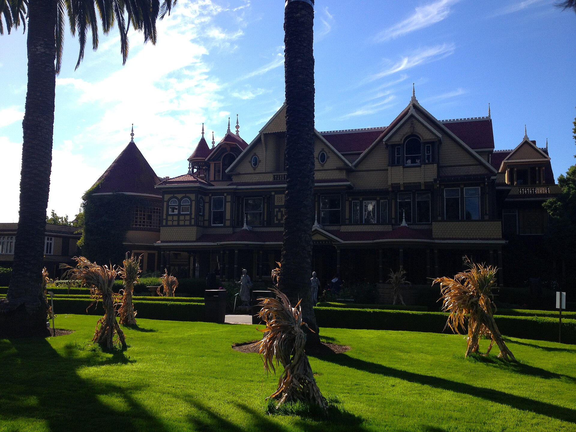 The Winchester Mystery House exterior in San Jose. The photograph records the real building behind the legend; its visible complexity does not establish a supernatural motive for the construction.