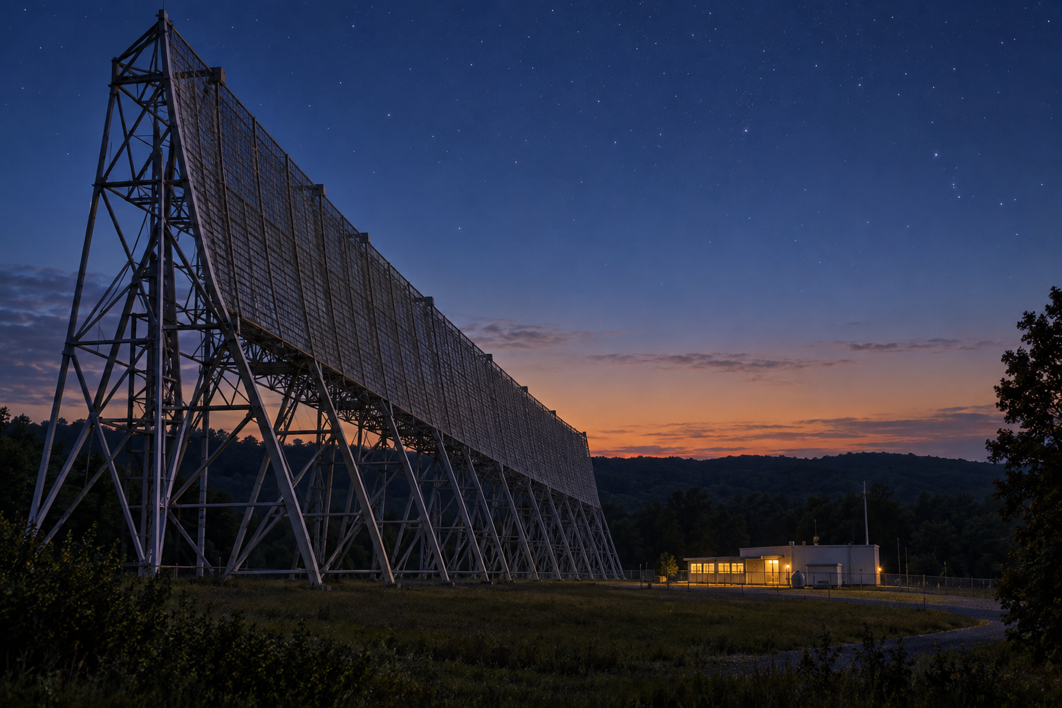 Interpretive reconstruction of the Big Ear radio telescope at dusk. It is not a historical photograph of the 1977 observation.