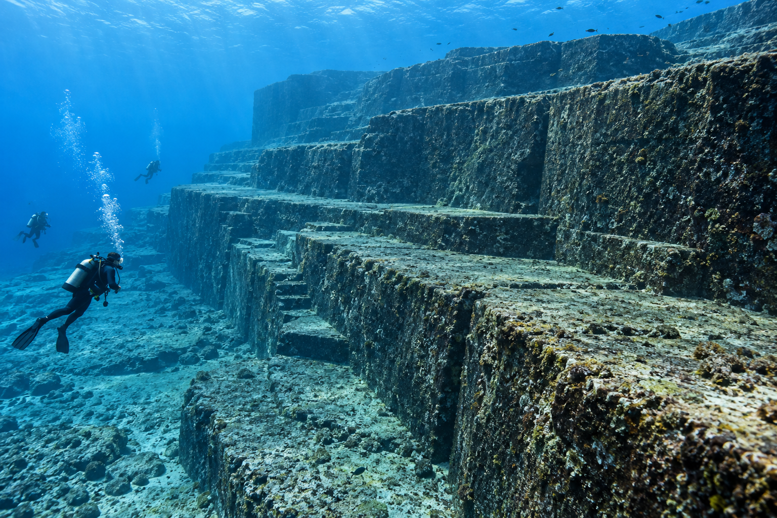 Generated underwater view of a stepped sandstone formation. It is not a survey photograph or exact reconstruction.